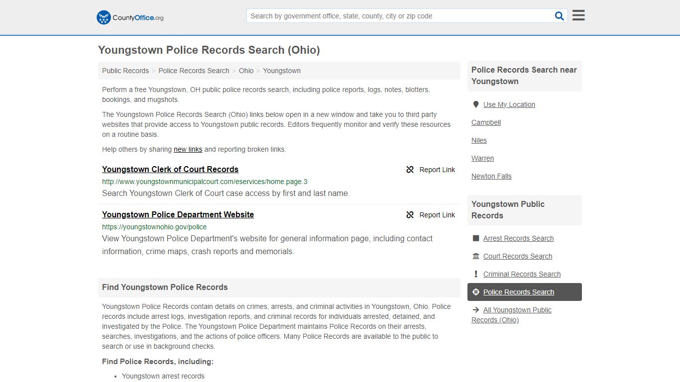 Youngstown Police Records Search (Ohio) - County Office